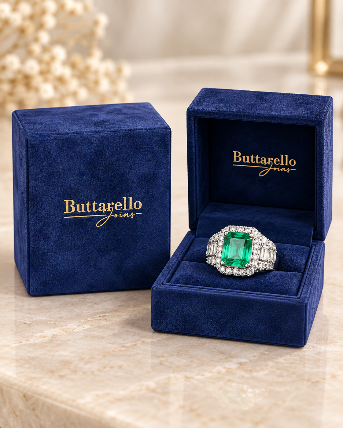Anel com pedra verde apresentado em caixa de veludo azul Buttarello Joias
