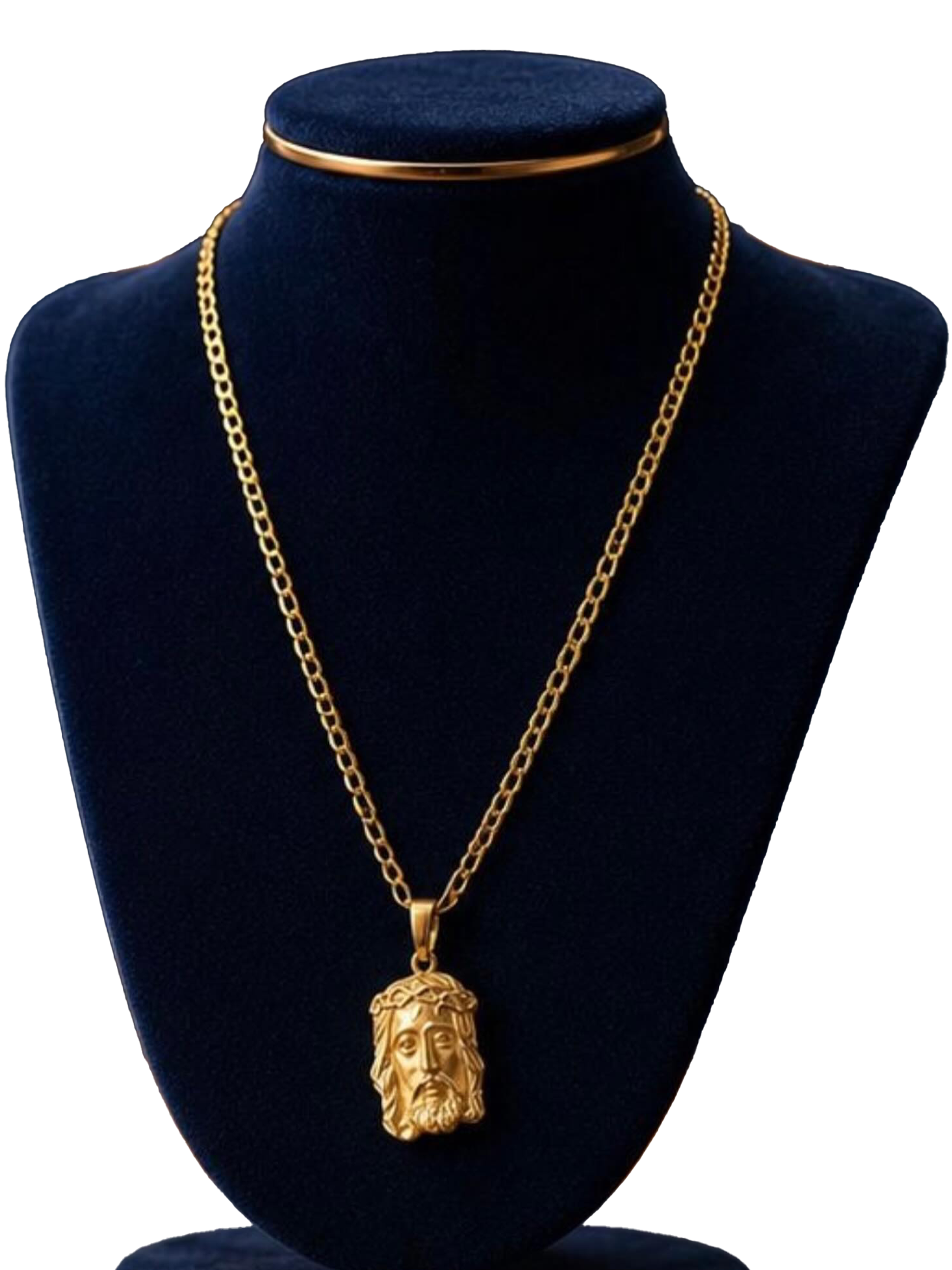 Colar em ouro com pingente sobre expositor de veludo azul